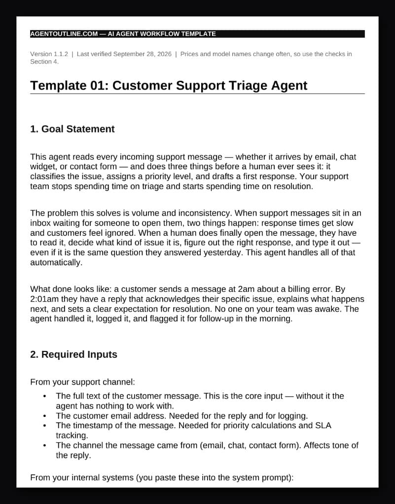 Page 1 of the Customer Support Triage blueprint: goal statement and required inputs